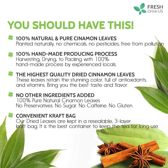 Natural Cinnamon Leaves, Whole Dried Cinnamon Leaves, Tea Bags, 100% Pure from Dried Cinnamon Leaves, Cinnamon Leaf Tea, No Additives, No Caffeine, Vegan - FreshDrinkUS - Natural and Premium Herbal Tea
