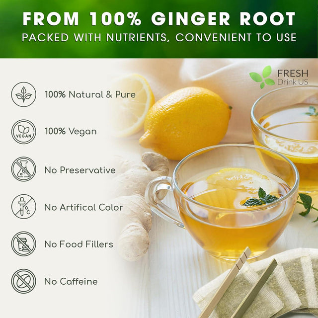 Premium Ginger Tea Bags, 100% Natural & Pure from Ginger Roots, Ginger Tea, Ginger Herbal Tea. Ginger Tea. No Sugar, No Caffeine, No Gluten, Vegan. - FreshDrinkUS - Natural and Premium Herbal Tea