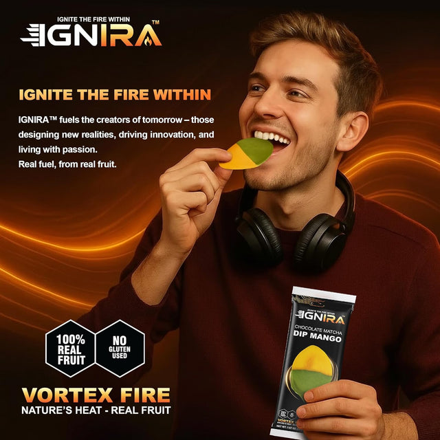 IGNIRA Dried Mango Slices Covered in Matcha Chocolate, Tropical Matcha Chocolates Dipped Fruit Snack, Fruit Snacks Strips, Chocolate Covered Fruit, Gluten-Free, Real Fruit, Vortex Energy Pack of 1 (1.67oz)