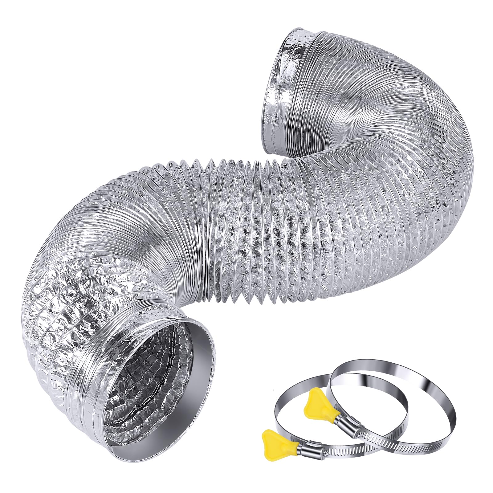 Heavy Duty 4"Flexible Dryer Vent Exhaust Duct Hose 3 Feet for Tight Space, Extra Thick(6-ply) Aluminum Foil Ducting Kit with 2 Key Hose Clamps