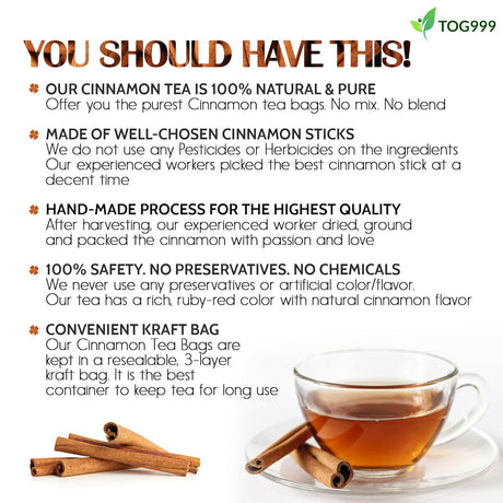 Pure Cinnamon Tea, 100% Natural & Pure Cinnamon. Cinnamon Herbal Tea. Cinnamon Stick Herbal Spice Tea. No Sugar, No Caffeine, No Gluten, Vegan.