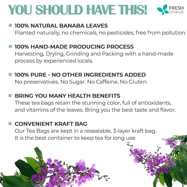 Natural Banaba Dried Leaves, Tea Bags, Powder, Whole Banaba Leaves, 100% Pure Dried Banaba Leaves, Banaba Leaf Tea, No Additives, No Caffeine, Vegan - FreshDrinkUS - Natural and Premium Herbal Tea