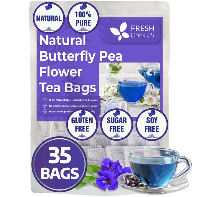35 Premium Butterfly Pea Tea Bags, Sugar/Caffeine/Gluten Free, Vegan