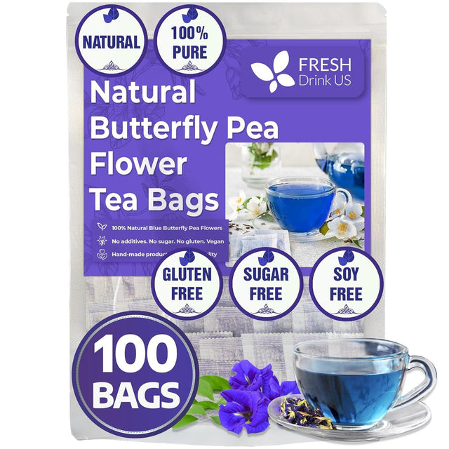 Premium Butterfly Pea Flowers, Tea Bags, 100% Natural and Pure from Butterfly Pea Flowers, Hand-made, Made With Natural Materials-Corn Fiber Tea Bag, Sugar/Caffeine/Gluten Free - FreshDrinkUS - Natural and Premium Herbal Tea