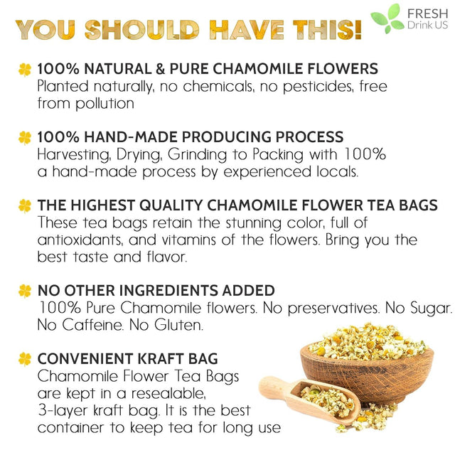 Chamomile Tea Bags, 100% Natural Chamomile, Freshly Picked, Naturally Dried Chamomile, Hand-made, Biodegradable Tea Bag - FreshDrinkUS - Natural and Premium Herbal Tea