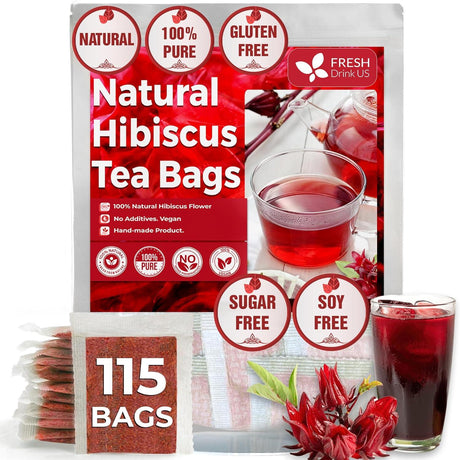 Hibiscus Dried Flowers, Tea Bags, 100% Natural, Pure from Hibiscus Flowers. Loose Flower Hibiscus Herbal Tea. Hibiscus Flower Tea. No Sugar, No Caffeine, No Gluten, Vegan.
