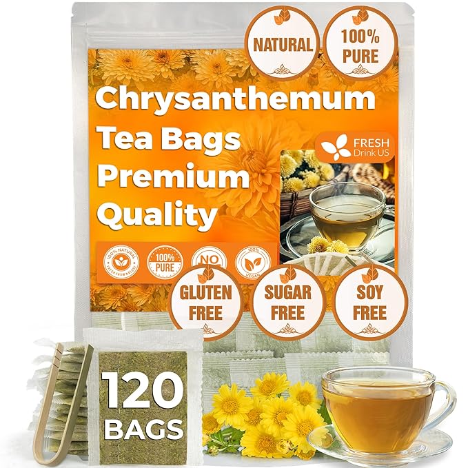 Premium Chrysanthemum Flower Tea Bags. Chrysanthemum Flower Herbal Tea. No Sugar, No Caffeine, No Gluten, Vegan.