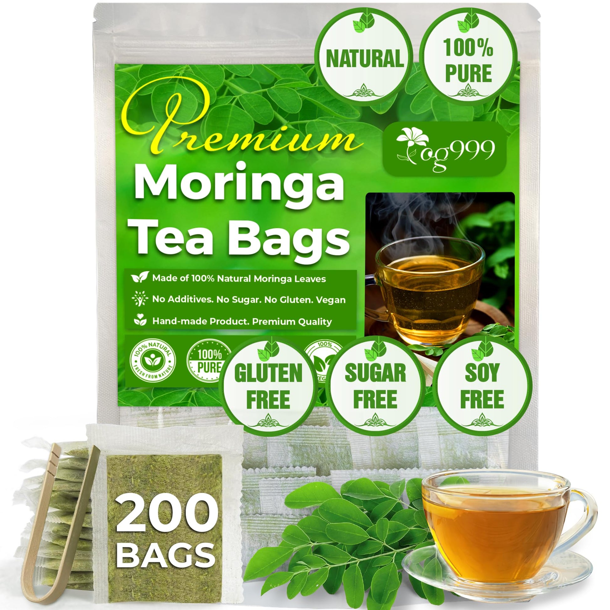 TOG999, Premium 120 Moringa Leaf Tea Bags, 100% Natural & Pure from Moringa Leaves. Loose Leaf Moringa Herbal Tea. Moringa Leaf Tea. No Sugar, No Caffeine, No Gluten, Vegan.