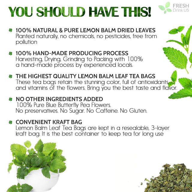Premium Lemon Balm Leaf Tea Bags, 100% Natural & Pure from Lemon Balm Leaves. Loose Leaf Lemon Balm Herbal Tea. Lemon Balm Leaf Tea. No Sugar, No Caffeine, No Gluten, Vegan. - FreshDrinkUS - Natural and Premium Herbal Tea