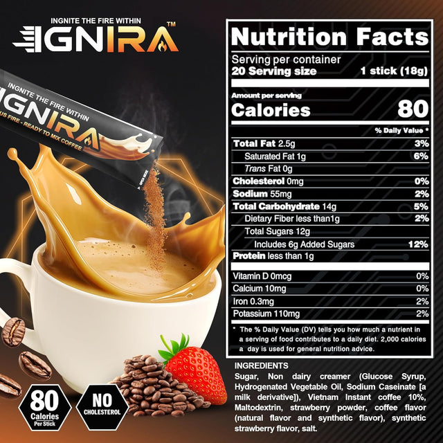 IGNIRA Strawberry Cappuccino – Premium Robusta Instant Coffee Packets, Hot or Iced Milk Coffees, Aromatic Strawberry Flavor, Smooth & Creamy, No Soybeans, No Cholesterol, Ready-to-Mix, Café Taste – HexFire Energy, 20 Single-Serve Sticks (12.69 oz)