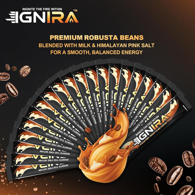 IGNIRA Himalayan Salted Coffee – Premium Robusta Instant Coffee Packets, Hot or Iced Milk Coffees, Smooth Salted Flavor, No Soybeans, No Cholesterol, Ready-to-Mix, Cafe Taste – HexFire Energy, 20 Single-Serve Sticks (12.69 oz)