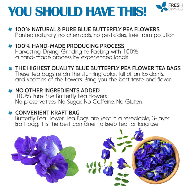 Premium Butterfly Pea Flowers, Tea Bags, 100% Natural and Pure from Butterfly Pea Flowers, Hand-made, Made With Natural Materials-Corn Fiber Tea Bag, Sugar/Caffeine/Gluten Free - FreshDrinkUS - Natural and Premium Herbal Tea