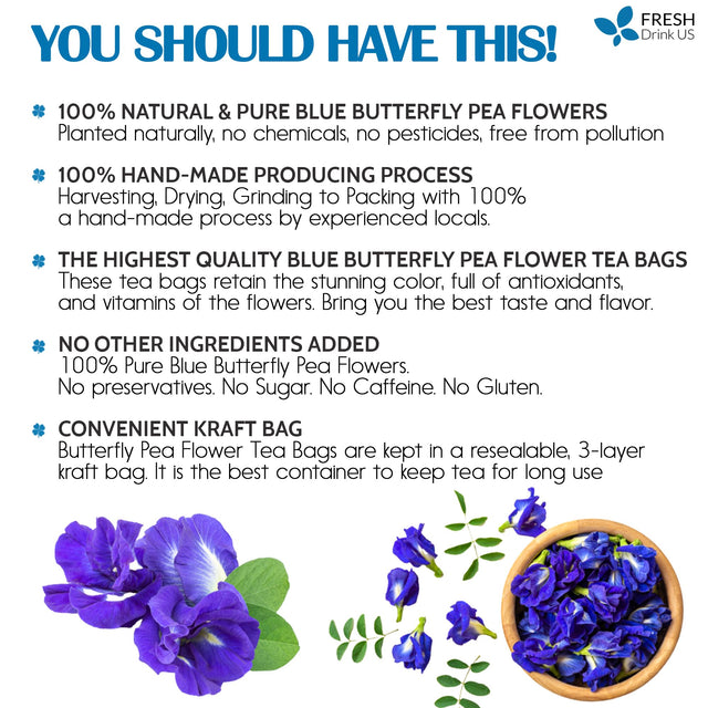 35 Premium Butterfly Pea Tea Bags, Sugar/Caffeine/Gluten Free, Vegan
