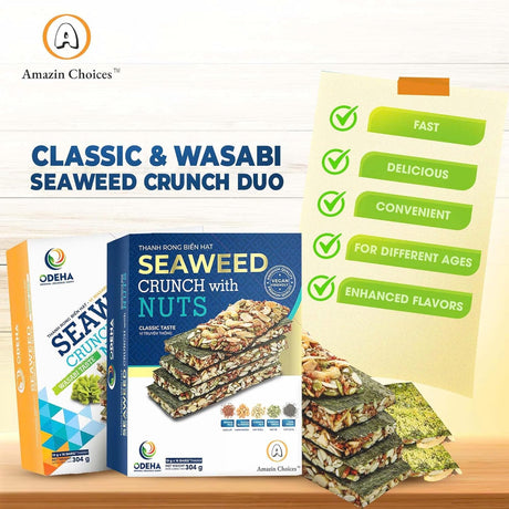 Seaweed Crunch With Nuts,  Duo Taste Wasabi and Classic (32Ct)