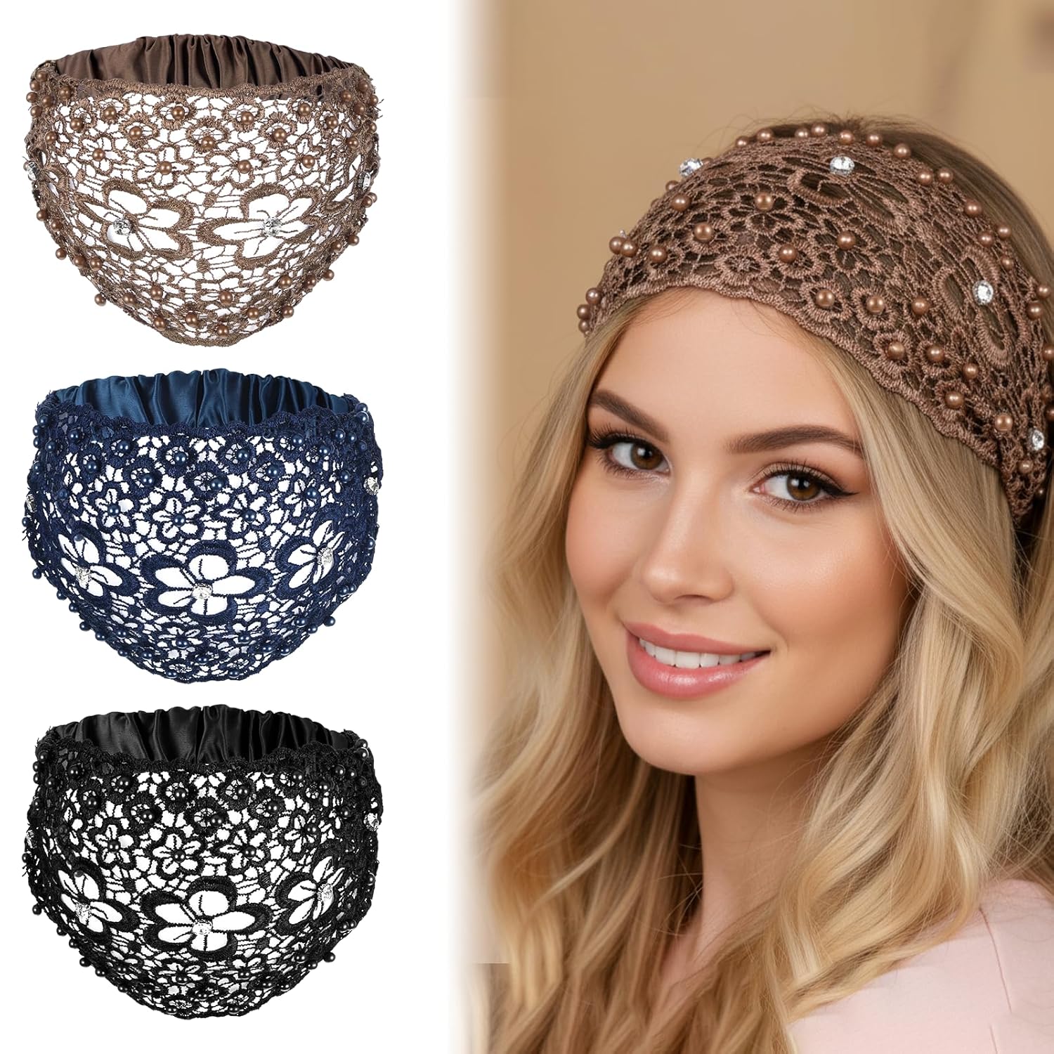 3pcs Boho-Chic Crystal & Pearl Embellished Wide Headbands, Wide Boho Pearl Headband for Wome, Floral Beaded Lace Elastic Headband Suitable for Daily Wear and Weddings Stylingvarious Holidays