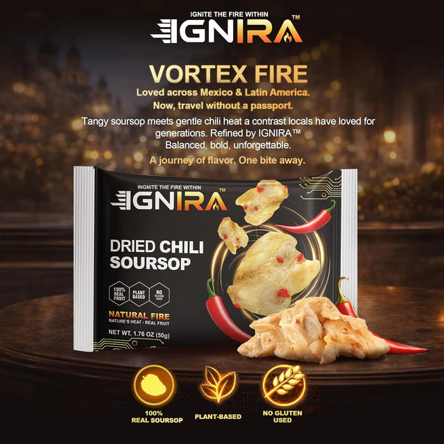 IGNIRA Spicy Dried Soursop with Chili, Vegan Sweet & Hot Fruit Snacks, Premium Soft Dried Chili Soursop, Plant-based, Gluten-free, Real Fruit Snack Strips, Vortex Fire energy Pack of 6 (10.56 oz)