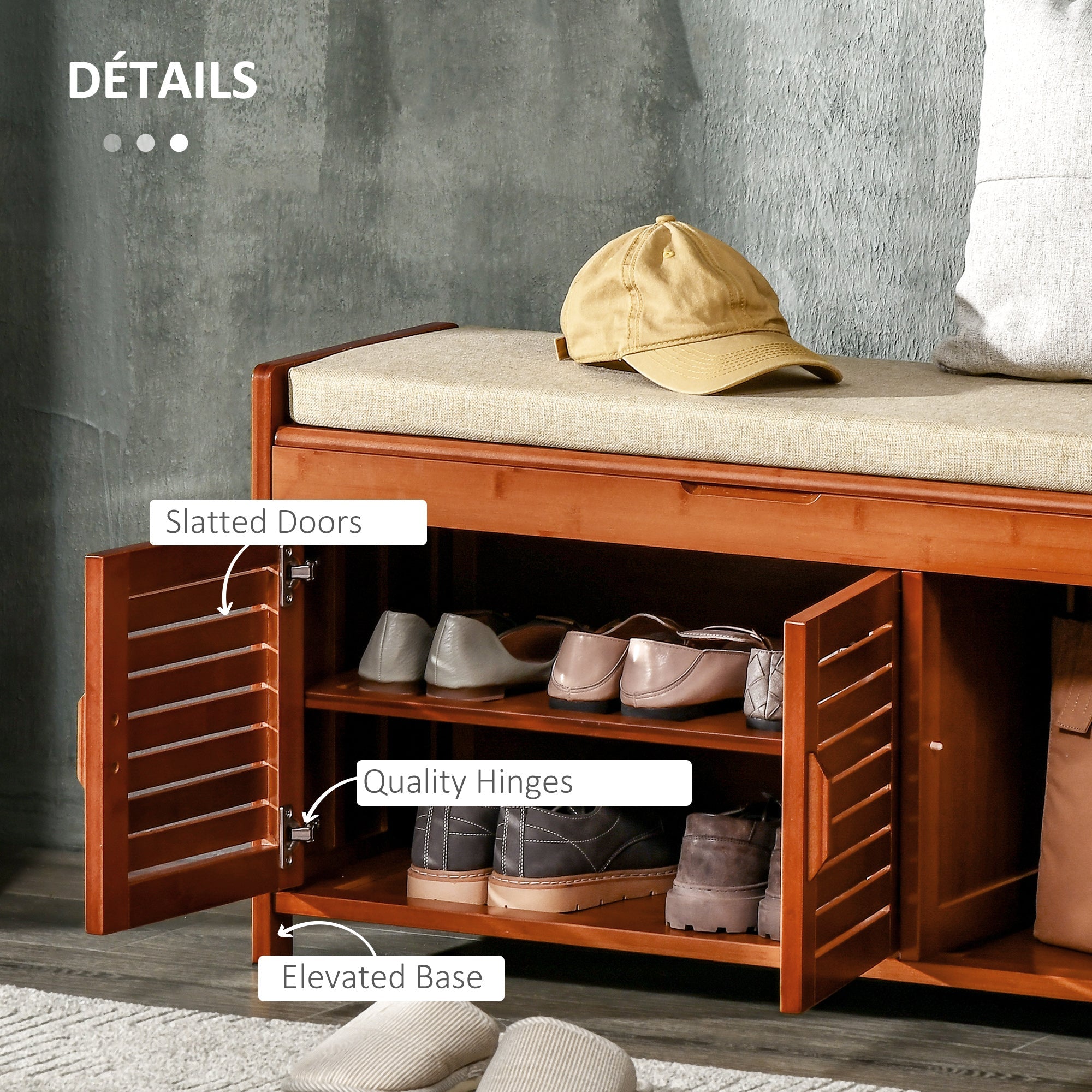 Shoe Bench with Cabinets, Bamboo Entryway Bench with Seating Cushion, 3 Doors and Hidden Compartment for Hallway, Dark Cherry