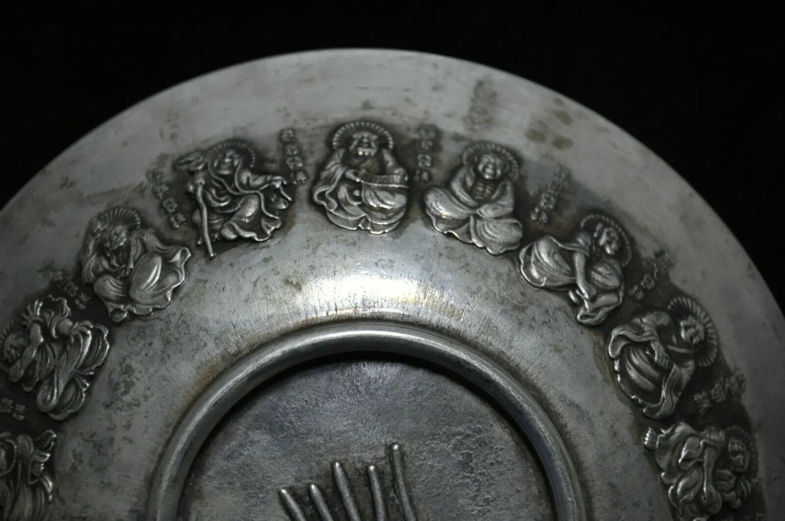Old Tibetan Silver Lohan Plate – Buddhist Temple Figure Dish
