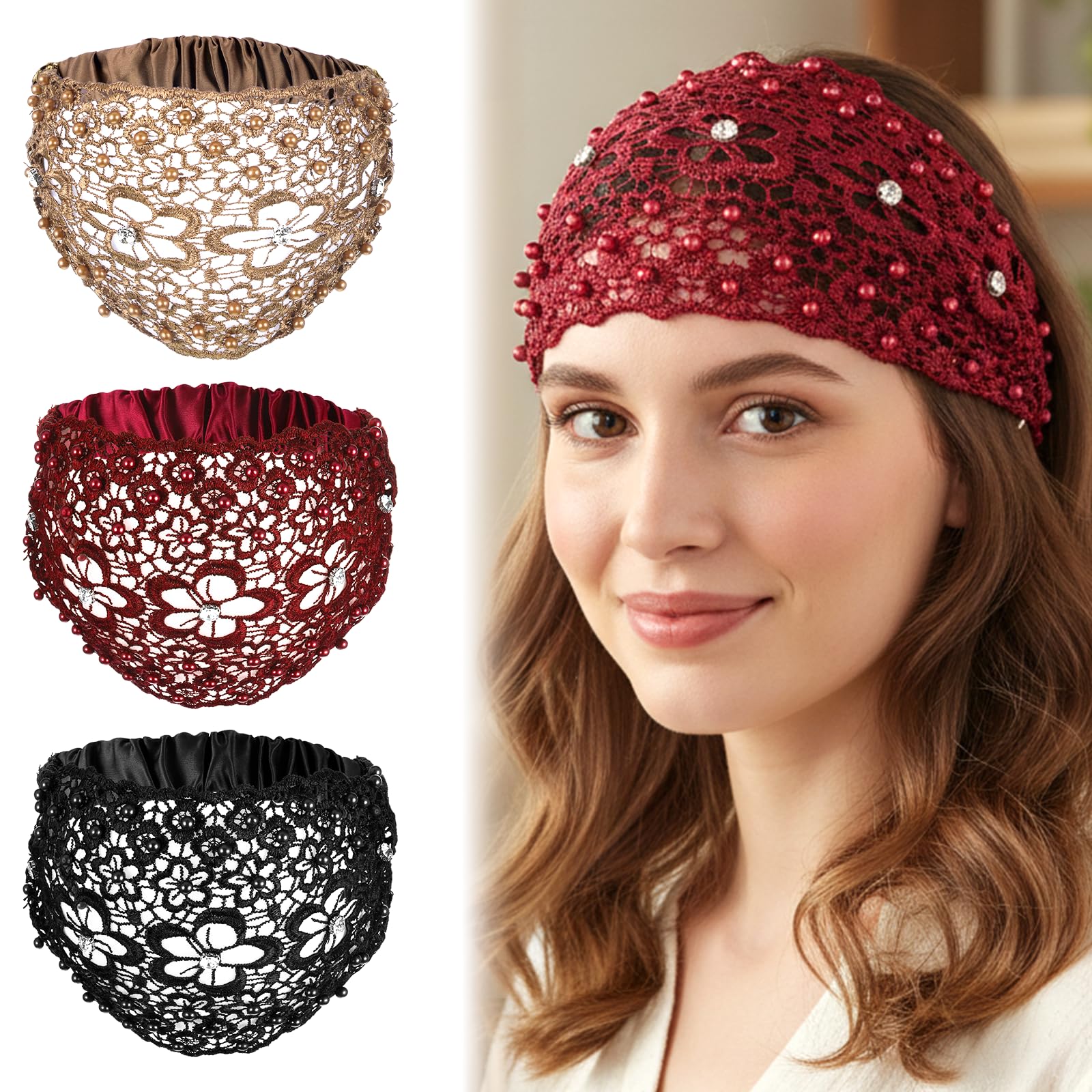 3pcs Boho-Chic Crystal & Pearl Embellished Wide Headbands, Wide Boho Pearl Headband for Wome, Floral Beaded Lace Elastic Headband Suitable for Daily Wear and Weddings Stylingvarious Holidays