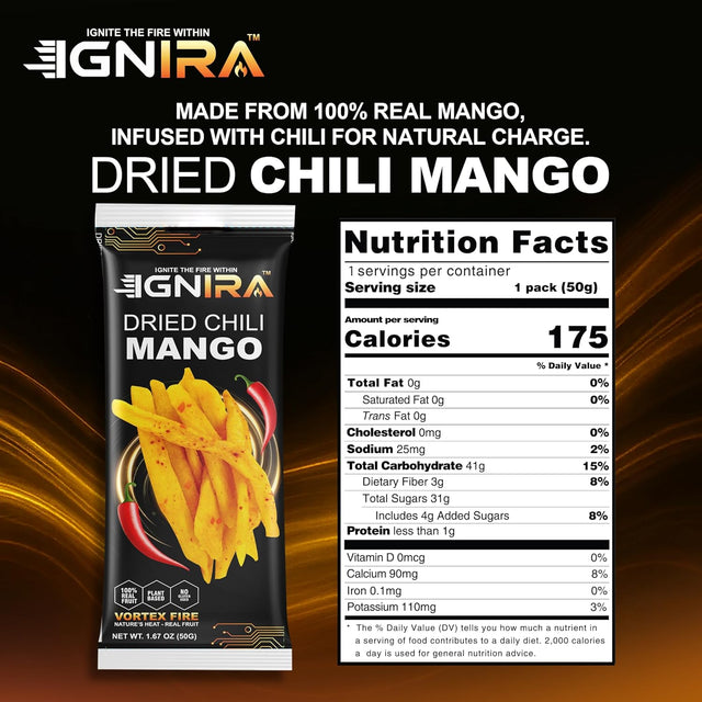 IGNIRA Dried Mango with chili, Sweet & Hot Fruit Snack Strips, Dry Chamoy Mangoes Slices, Chili Mangoes Snacks for Office, Gluten-Free, Plant-Based, Real Fruit, Vortex Energy Pack of 1 (1.67oz)