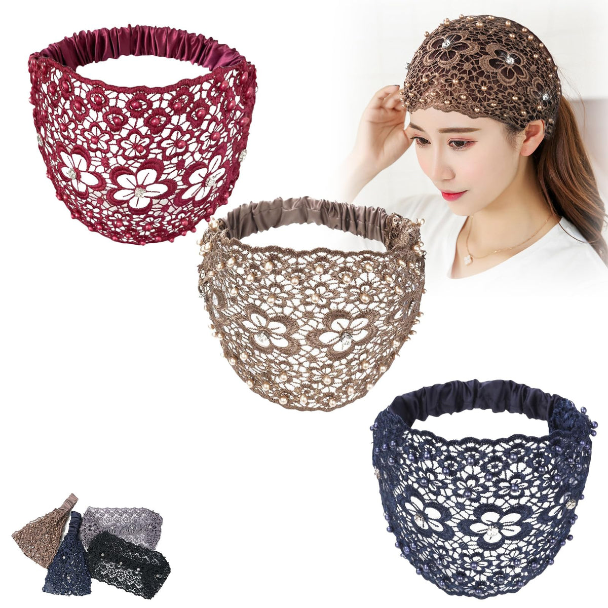 New Set Boho Headbands, Boho-chic Crystal & Pearl Embellished Wide Headbands, for Women Fashion Vacations & Daily Styling (3pcs A)