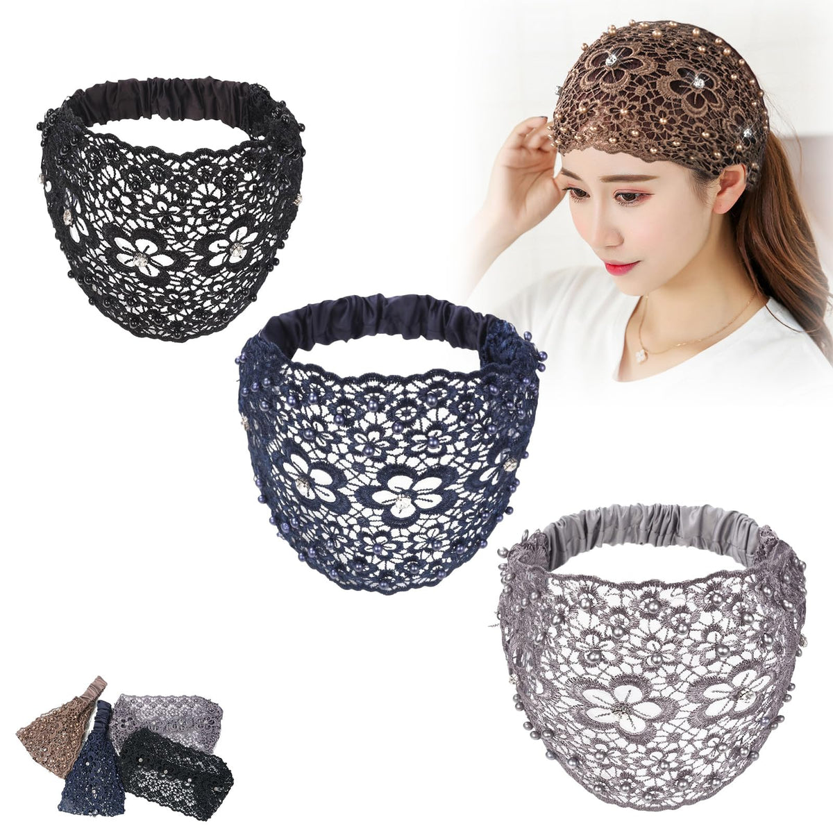 New Set Boho Headbands, Boho-chic Crystal & Pearl Embellished Wide Headbands, for Women Fashion Vacations & Daily Styling (3pcs A)