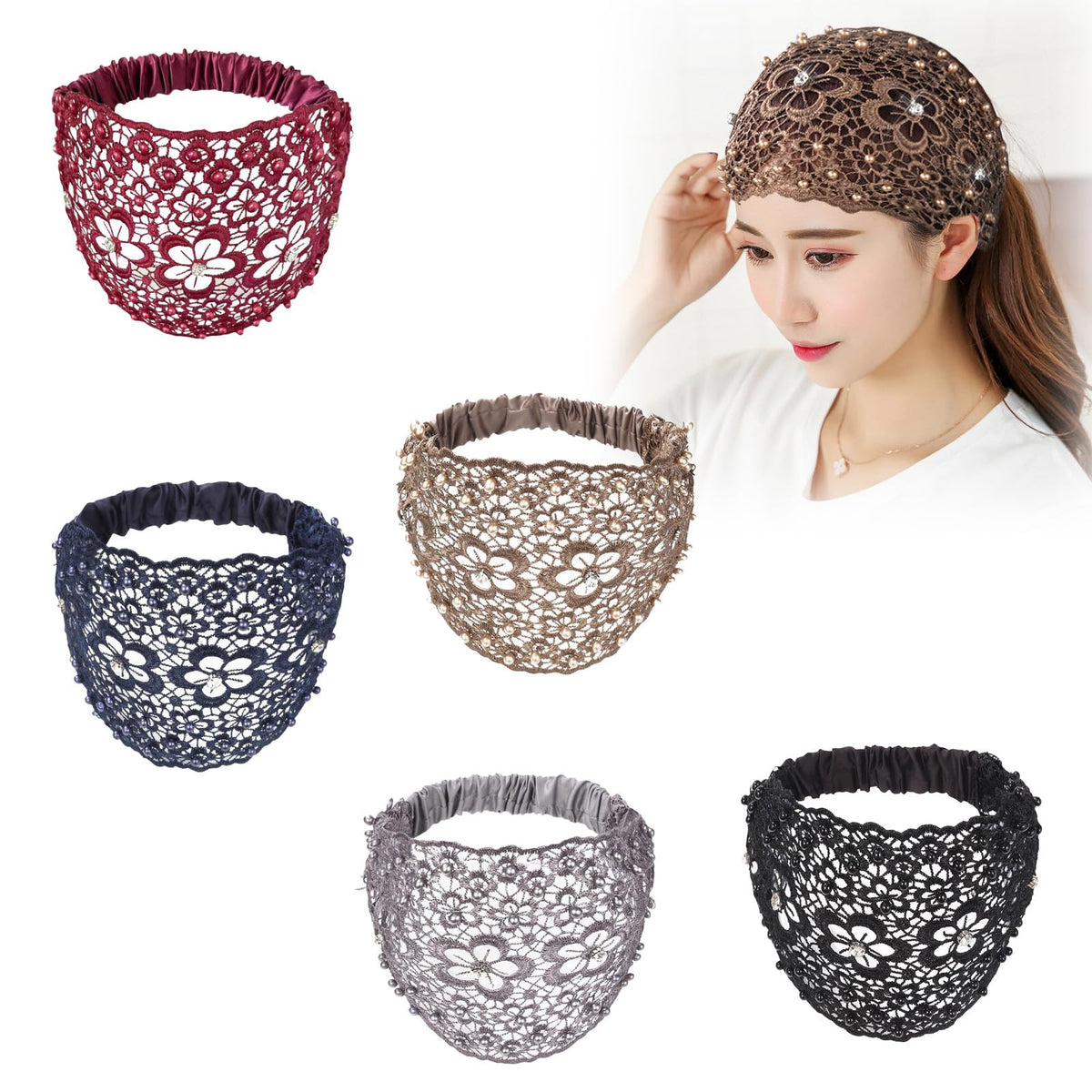 New Set Boho Headbands, Boho-chic Crystal & Pearl Embellished Wide Headbands, for Women Fashion Vacations & Daily Styling (3pcs A)