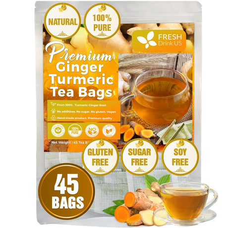Premium Ginger Turmeric Tea Bags, Hand-made Blend of Ginger and Turmeric Herbal Tea, Eco-conscious Tea Bags. No Sugar, No Caffeine, No Gluten, Vegan.