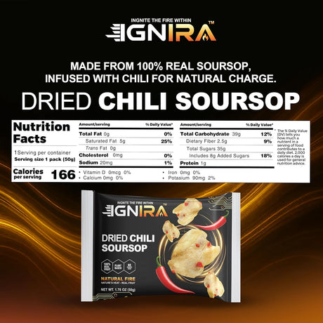 IGNIRA Spicy Dried Soursop with Chili, Vegan Sweet & Hot Fruit Snacks, Premium Soft Dried Chili Soursop, Plant-based, Gluten-free, Real Fruit Snack Strips, Vortex Fire energy Pack of 1 (1.76 oz)