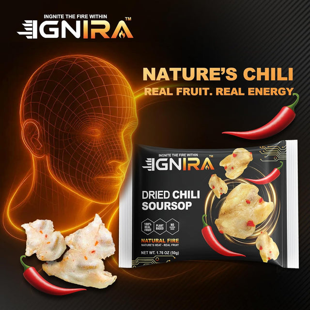 IGNIRA Spicy Dried Soursop with Chili, Vegan Sweet & Hot Fruit Snacks, Premium Soft Dried Chili Soursop, Plant-based, Gluten-free, Real Fruit Snack Strips, Vortex Fire energy Pack of 1 (1.76 oz)