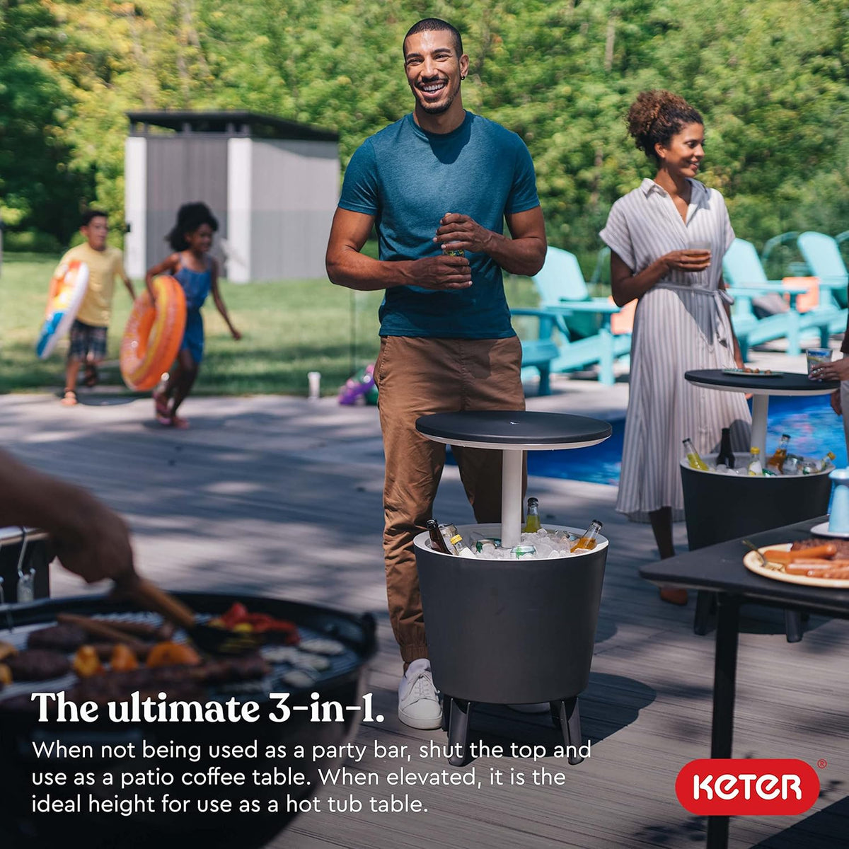 Keter Modern Cool Bar Outdoor Patio Furniture and Hot Tub Side Table with 7.5 Gallon Beer and Wine Cooler, Dark Grey