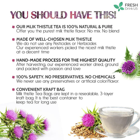 Premium Milk Thistle Tea Bags, 100% Natural & Pure from Milk Thistle Seeds. Milk Thistle Seed Herbal Tea. Milk Thistle Seed Tea. Made with Natural Material Tea Bags. No Sugar, No Caffeine, No Gluten, Vegan.