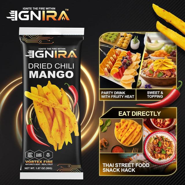 IGNIRA Dried Mango with chili, Sweet & Hot Fruit Snack Strips, Dry Chamoy Mangoes Slices, Chili Mangoes Snacks for Office, Gluten-Free, Plant-Based, Real Fruit, Vortex Energy Pack of 1 (1.67oz)