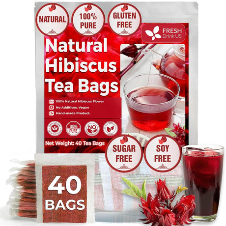 Hibiscus Dried Flowers, Tea Bags, 100% Natural, Pure from Hibiscus Flowers. Loose Flower Hibiscus Herbal Tea. Hibiscus Flower Tea. No Sugar, No Caffeine, No Gluten, Vegan.