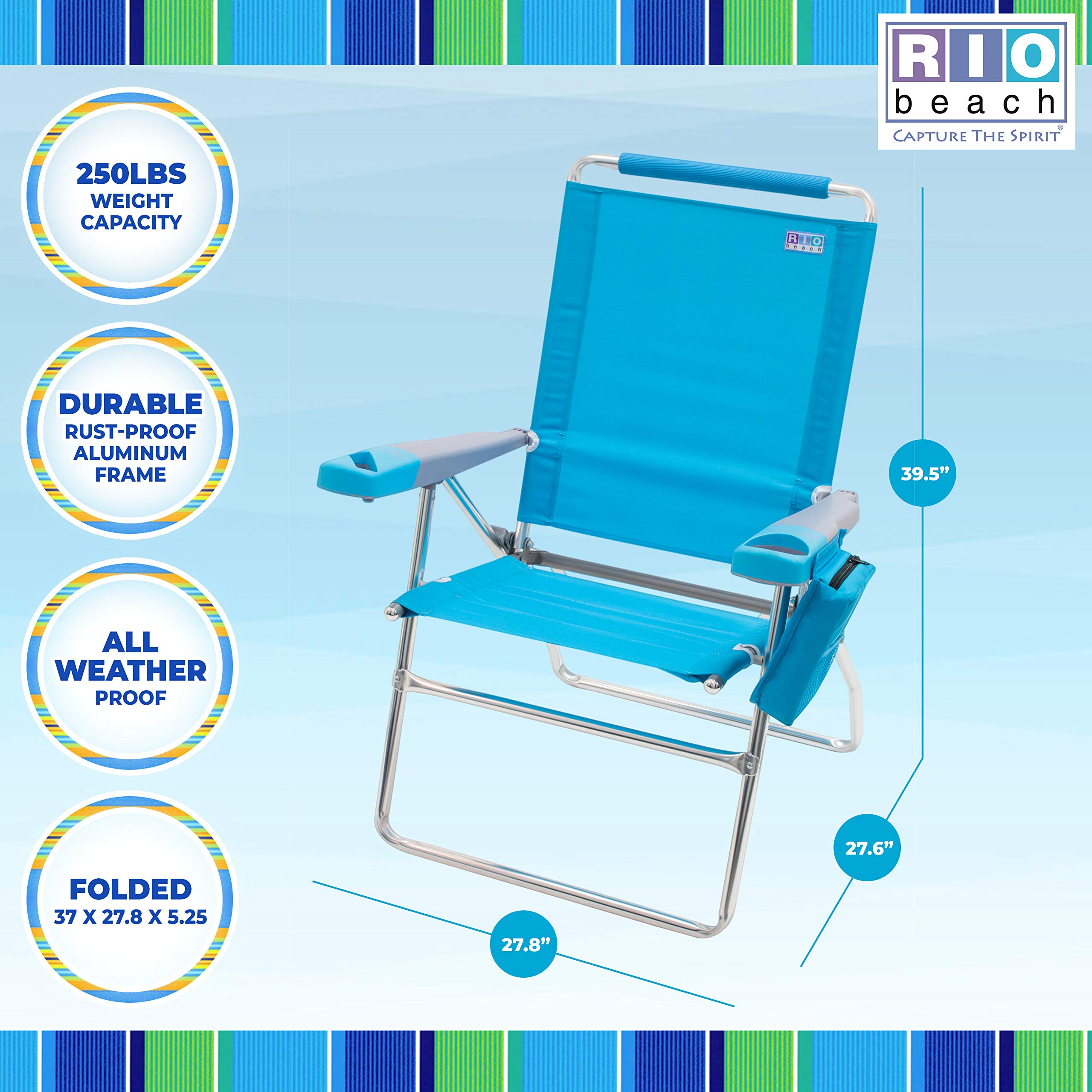 Rio Brands 17" Extended Height 4-Position Folding Beach, Camping, Lawn Chair, Blue/White/Green
