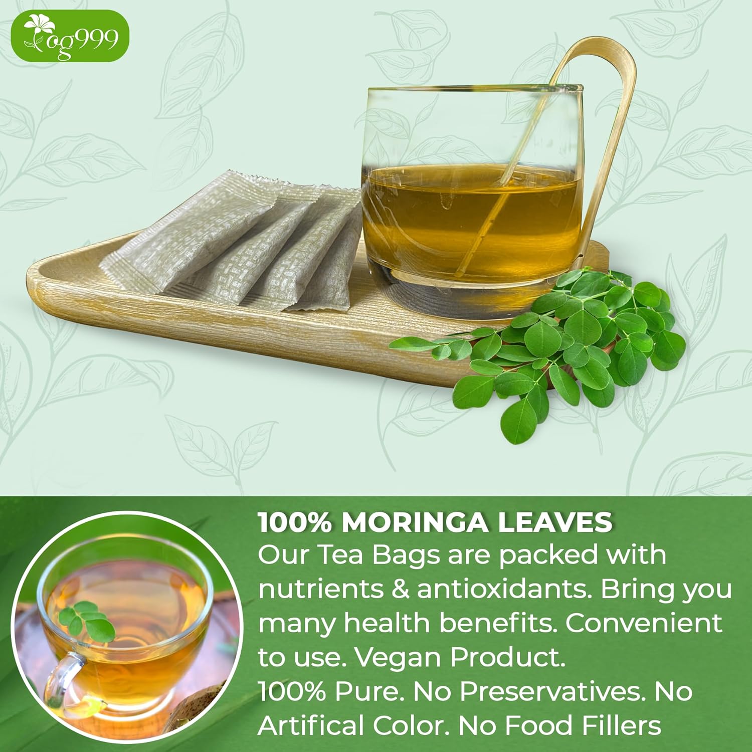 TOG999, Premium 120 Moringa Leaf Tea Bags, 100% Natural & Pure from Moringa Leaves. Loose Leaf Moringa Herbal Tea. Moringa Leaf Tea. No Sugar, No Caffeine, No Gluten, Vegan.