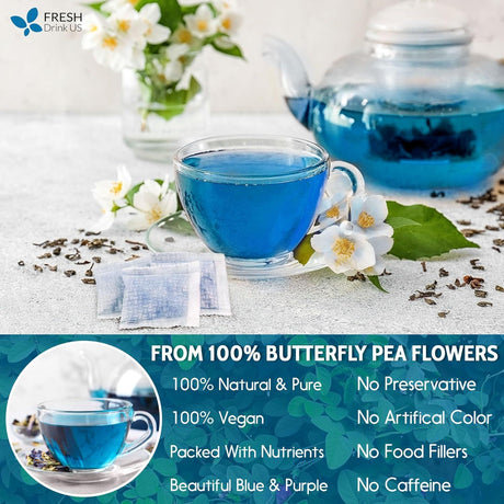 Premium Butterfly Pea Flowers, Tea Bags, 100% Natural and Pure from Butterfly Pea Flowers, Hand-made, Made With Natural Materials-Corn Fiber Tea Bag, Sugar/Caffeine/Gluten Free - FreshDrinkUS - Natural and Premium Herbal Tea