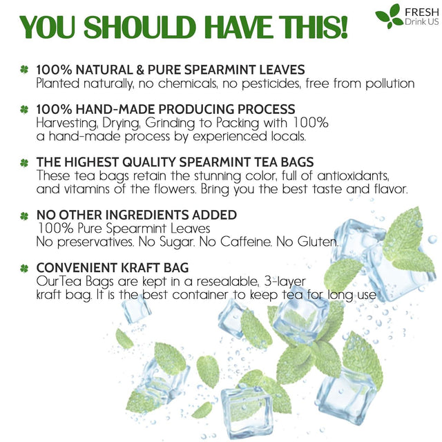 Spearmint Tea Bags, 100% Natural & Pure Spearmint Leaves. Loose Leaf Spearmint Herbal Tea. Spearmint Leaf Tea. No Sugar, No Caffeine, No Gluten, Vegan. - FreshDrinkUS - Natural and Premium Herbal Tea