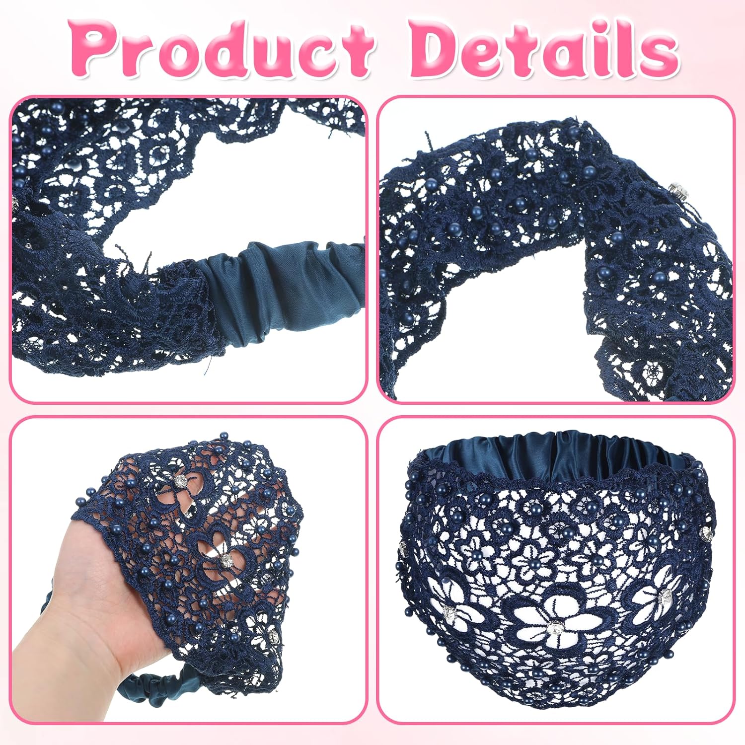 3pcs Boho-Chic Crystal & Pearl Embellished Wide Headbands, Wide Boho Pearl Headband for Wome, Floral Beaded Lace Elastic Headband Suitable for Daily Wear and Weddings Stylingvarious Holidays