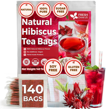 Hibiscus Dried Flowers, Tea Bags, 100% Natural, Pure from Hibiscus Flowers. Loose Flower Hibiscus Herbal Tea. Hibiscus Flower Tea. No Sugar, No Caffeine, No Gluten, Vegan.
