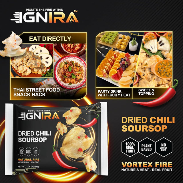 IGNIRA Spicy Dried Soursop with Chili, Vegan Sweet & Hot Fruit Snacks, Premium Soft Dried Chili Soursop, Plant-based, Gluten-free, Real Fruit Snack Strips, Vortex Fire energy Pack of 1 (1.76 oz)