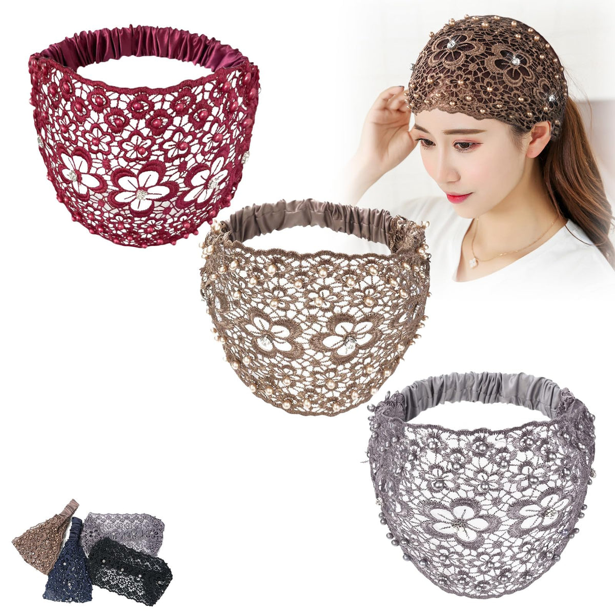 New Set Boho Headbands, Boho-chic Crystal & Pearl Embellished Wide Headbands, for Women Fashion Vacations & Daily Styling (3pcs A)