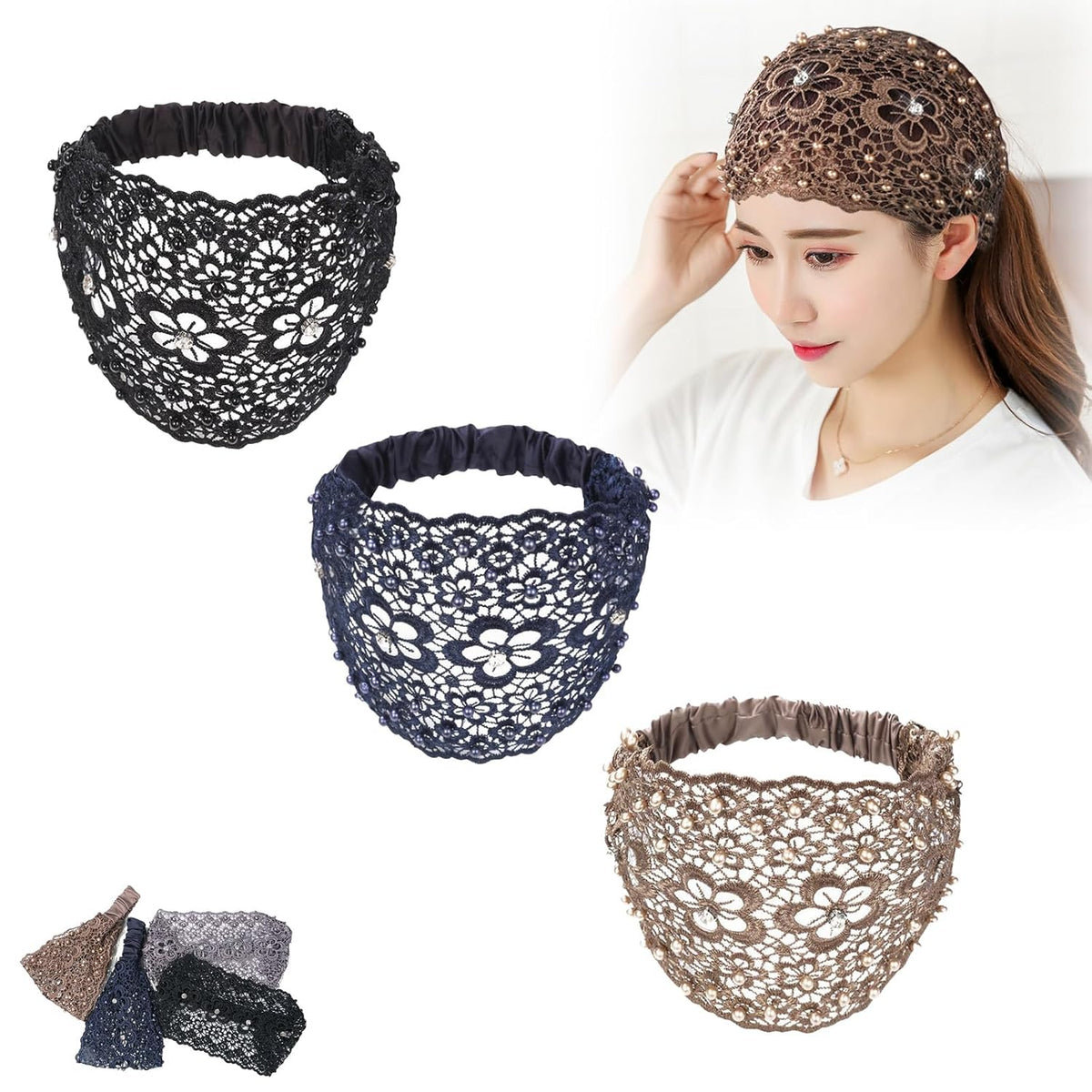 New Set Boho Headbands, Boho-chic Crystal & Pearl Embellished Wide Headbands, for Women Fashion Vacations & Daily Styling (3pcs A)