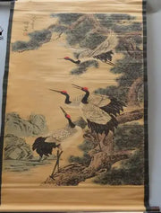 Antique Qing Dynasty Vertical Calligraphy Crane Scroll