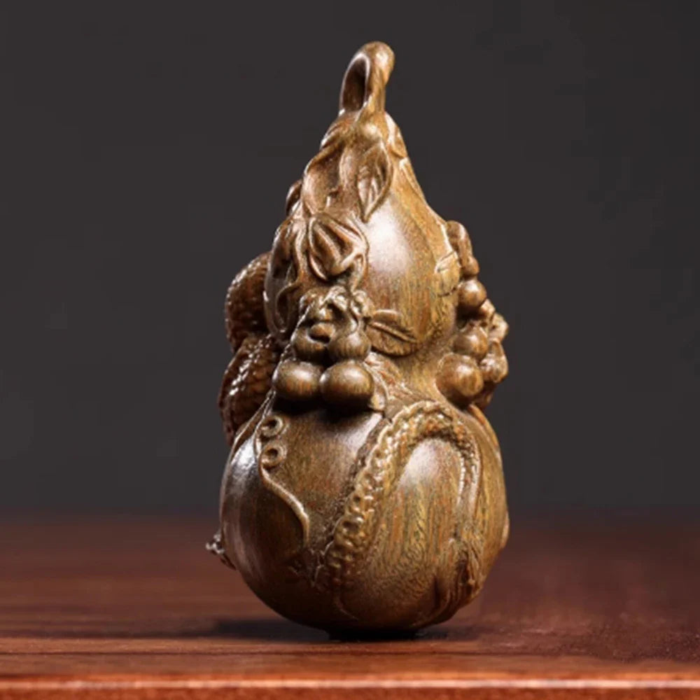 2.7" Green Sandalwood Netsuke – Hand-Carved Baby Dragon on Gourd