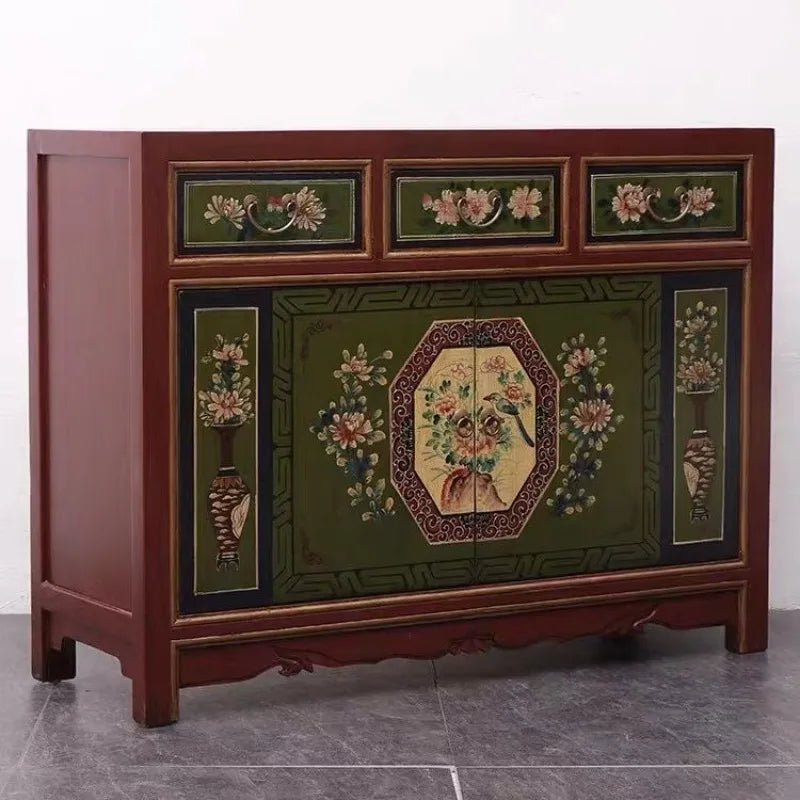 Hand-Painted Ming–Qing Style Entrance Cabinet – Solid Wood Two-Door Sideboard