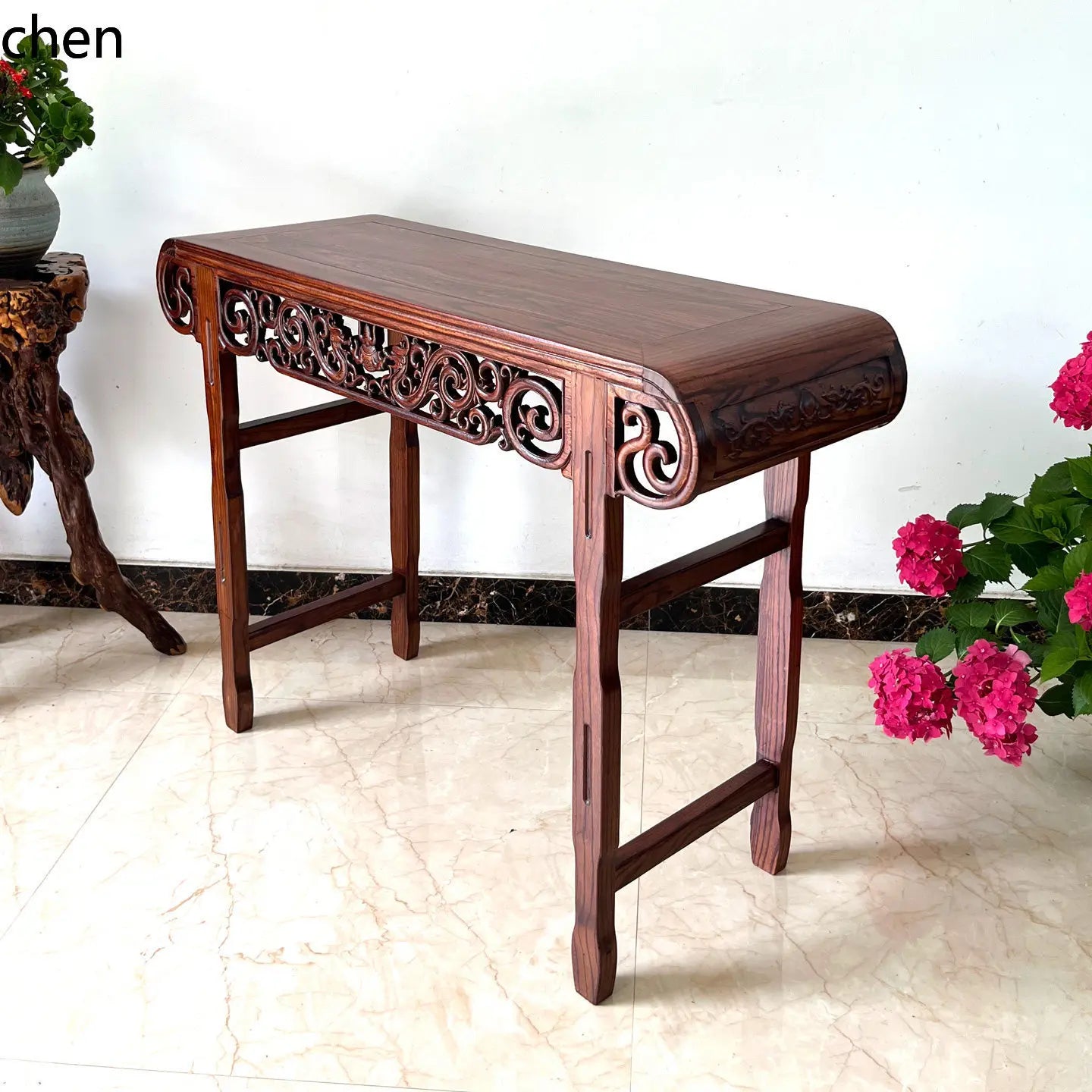 Chinoiserie Solid Wood Guqin Table – Scroll-Head Altar & Console Table