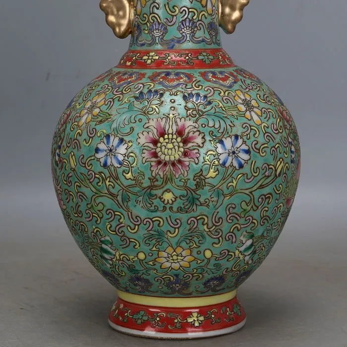 Qianlong‑Style Powder Enamel Vase – Hand‑Painted Flowers with Golden Handles