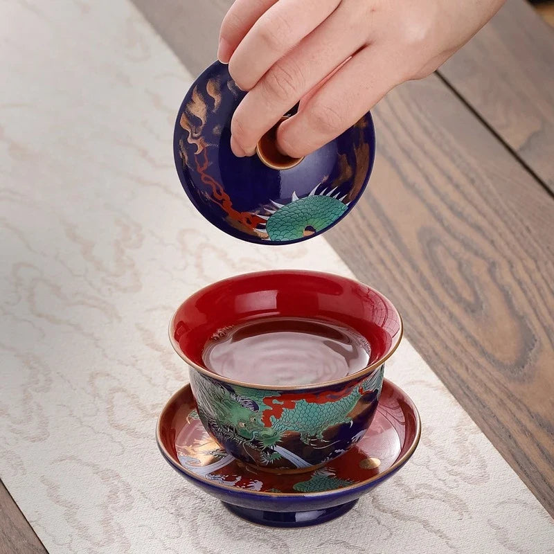Retro Color Enamel Ceramic Gaiwan Set – Chinese Sancai Porcelain Teaware