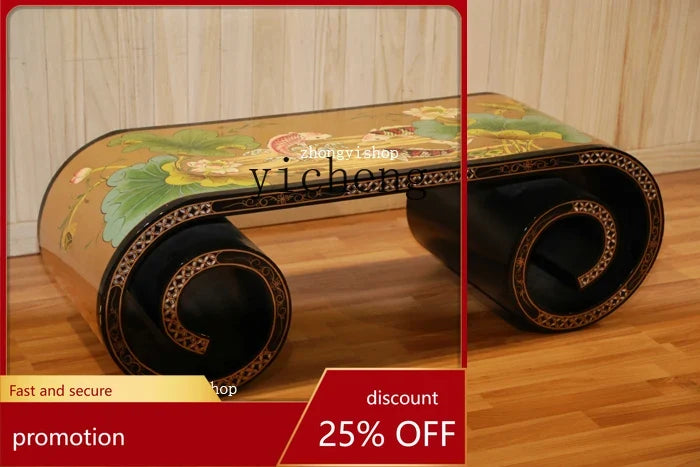 Hand-Painted Piano Table Tea Table Curved Table with Golden Peonies Decoration